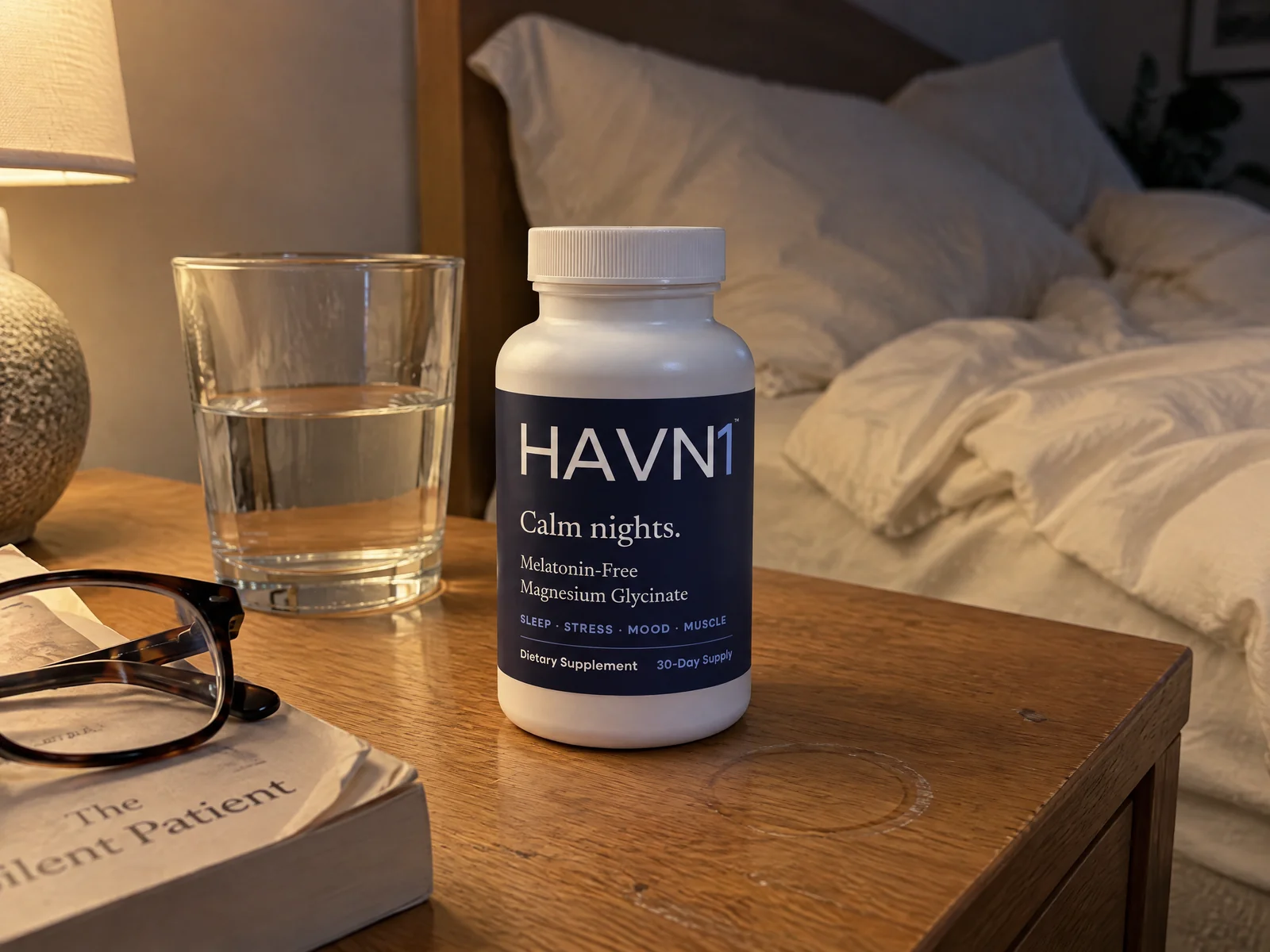 HAVN1 beside a glass of water on a nightstand