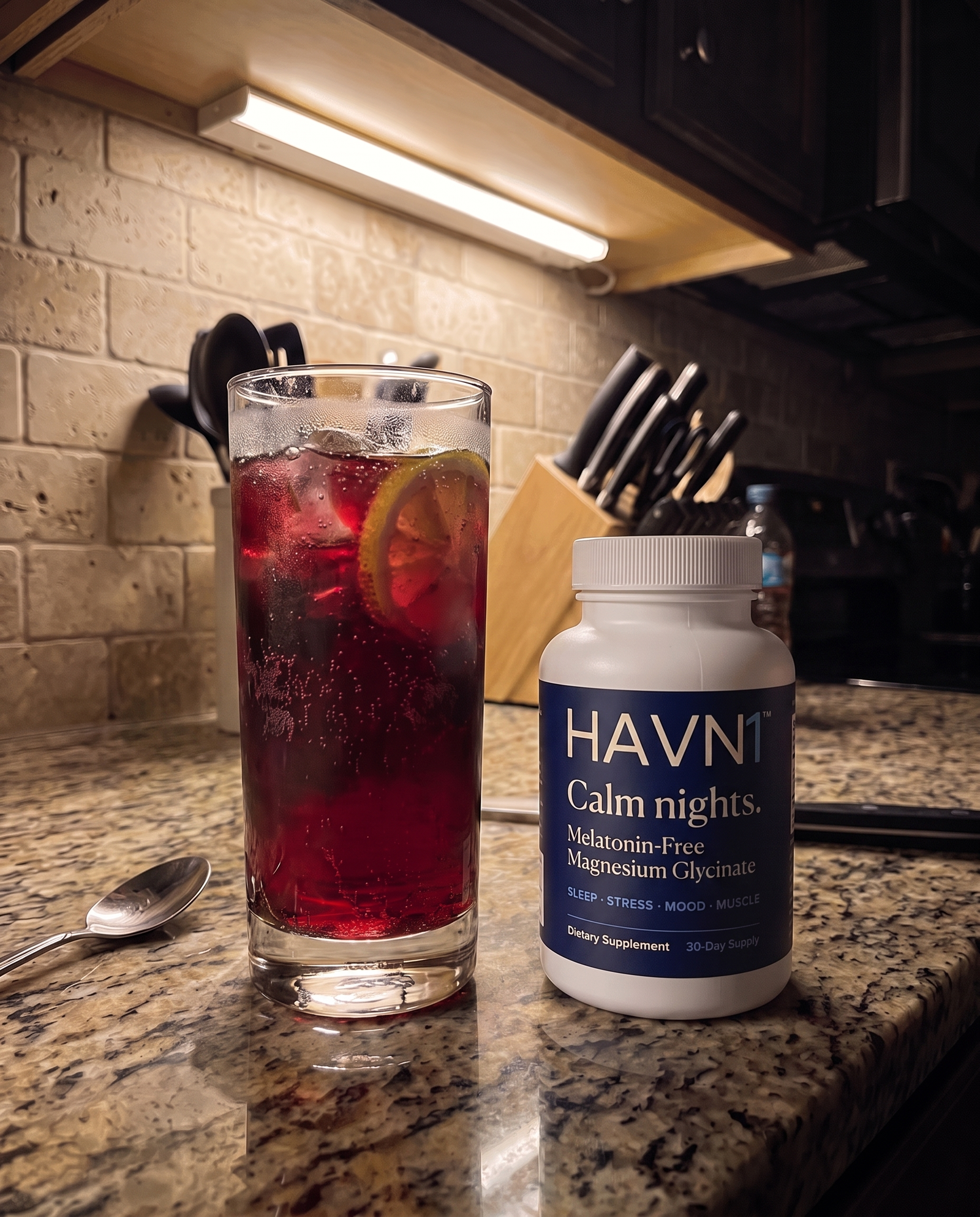 An evening wind-down mocktail over ice