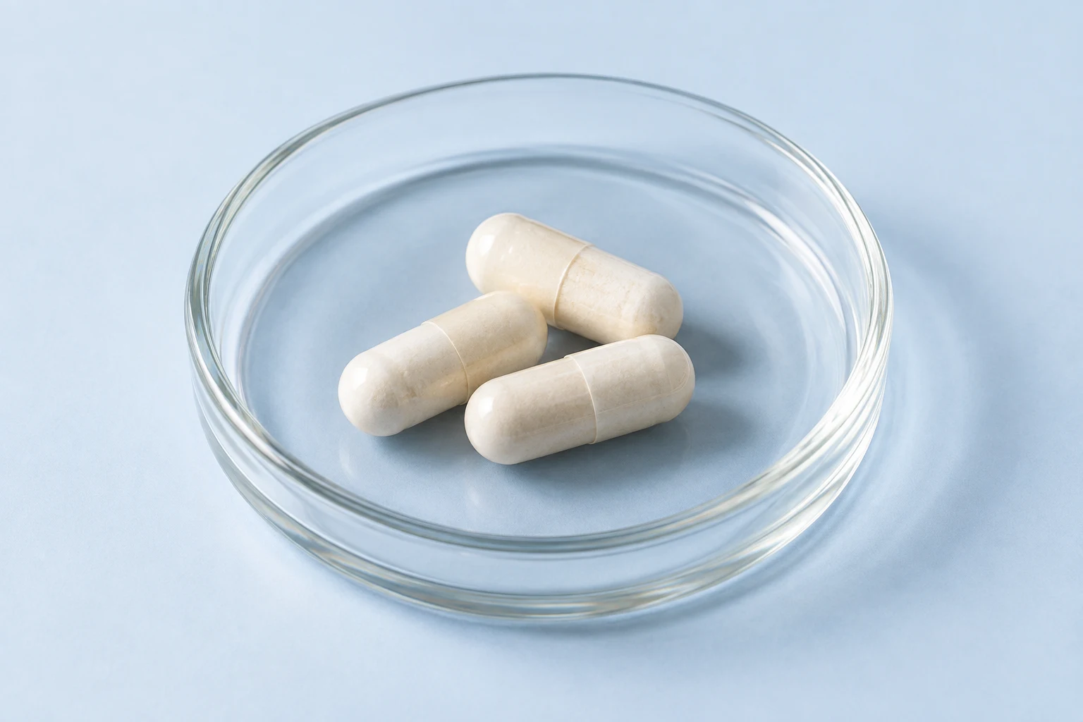 Three ivory capsules in a clear glass petri dish on a pale blue surface